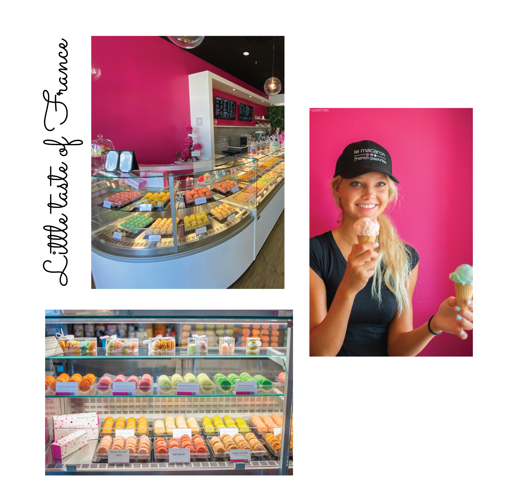 Little taste of France: woman smiling and holding ice cream cones, and macaron display cases